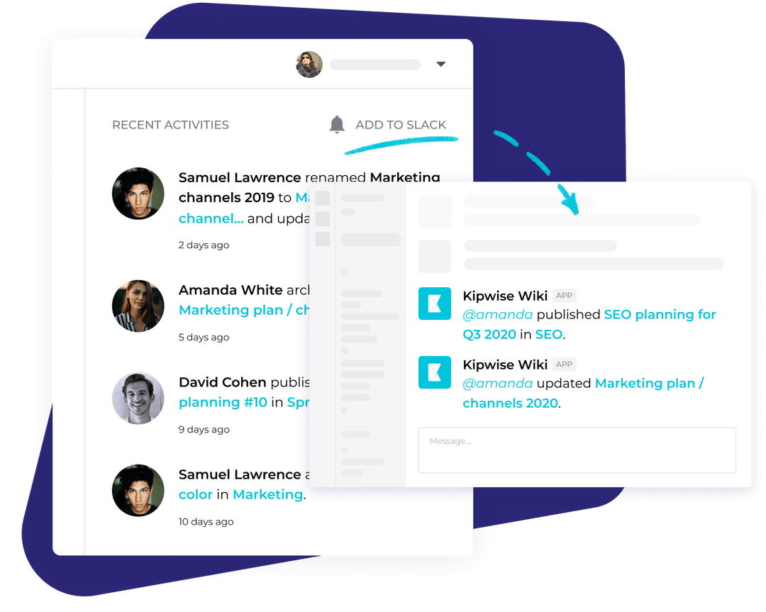 Knowledge base activity updates posted into a Slack channel by an app