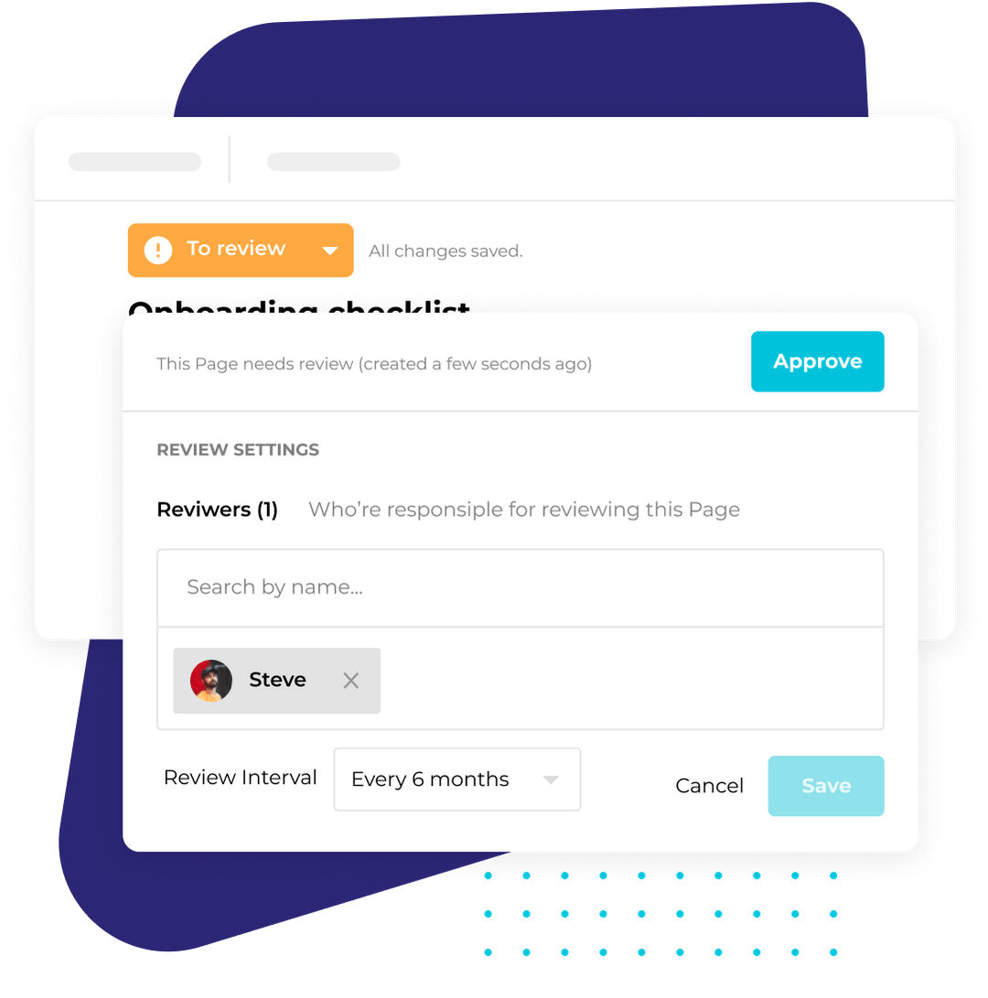 Page marked to review with an approve button and a recurring review interval setting