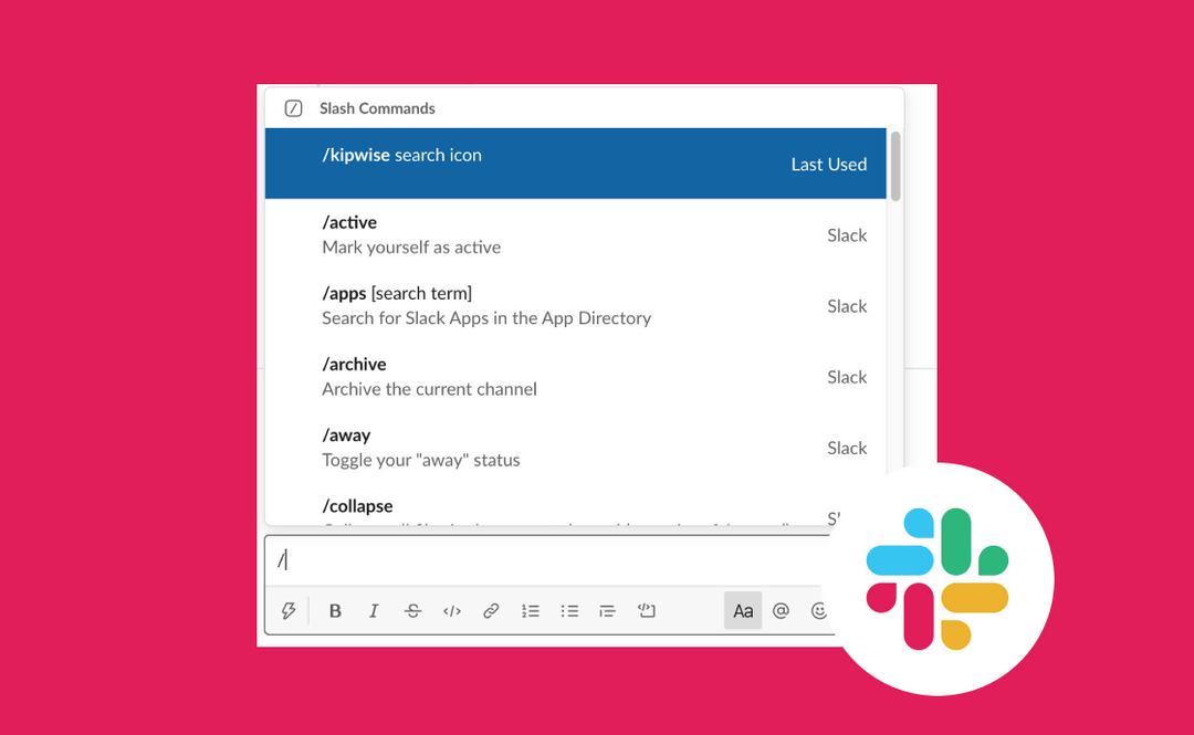 Slack slash command menu used to trigger workspace automations