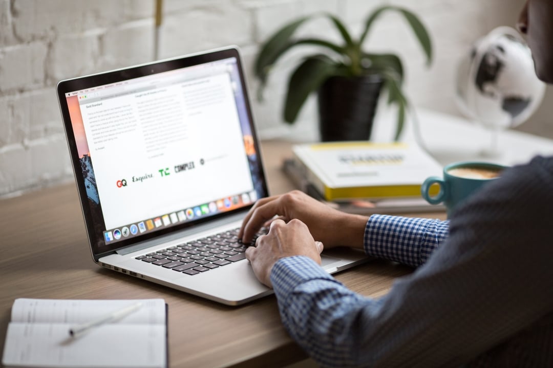 Employee working at a personalized desk setup with laptop, notebook, plant, and coffee mug