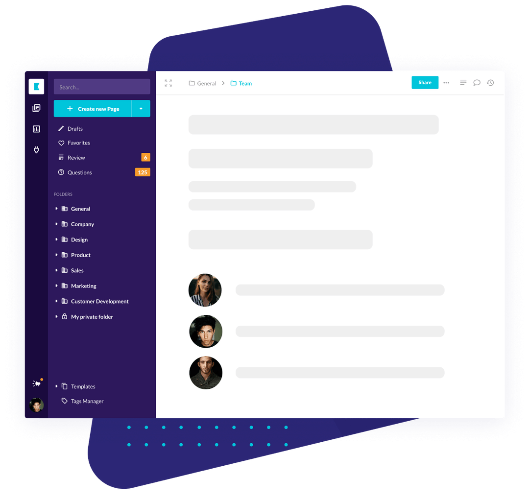 Workspace sidebar showing pending review and open question counts beside a page listing assigned people