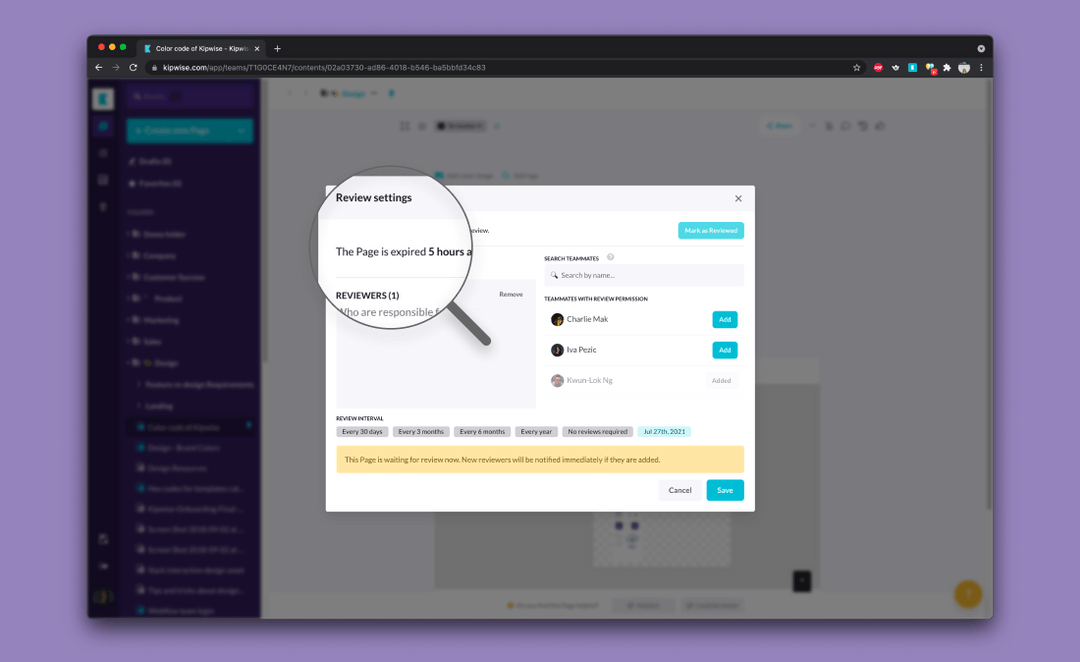 Review settings dialog in a knowledge base showing assigned reviewers and a review schedule