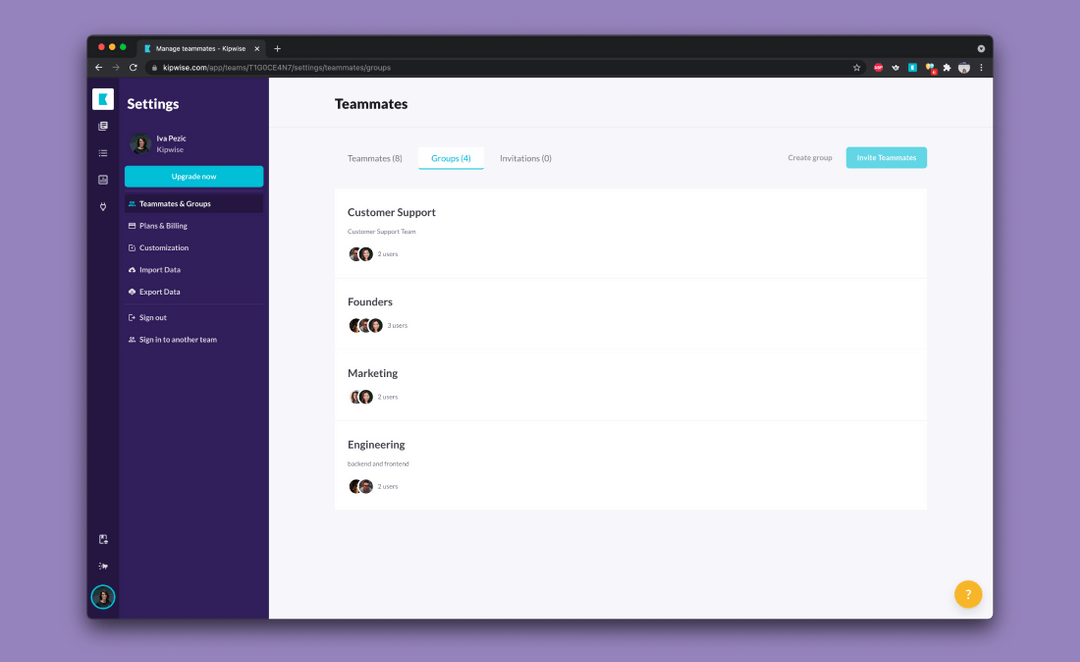 Teammates and groups directory in a knowledge base showing teams and their members