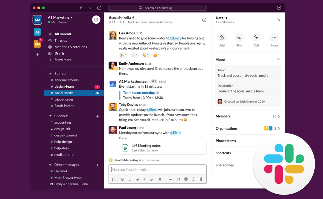 Slack workspace where a team channel receives posted meeting notes and updates