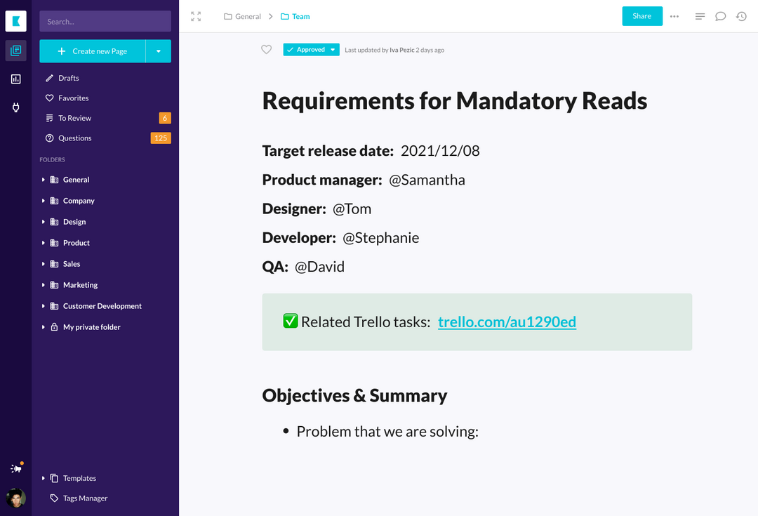Knowledge base page listing named role owners for a project requirement