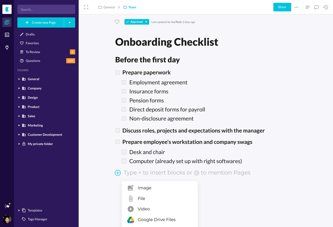 Onboarding checklist in a knowledge base listing paperwork, payroll forms, and workstation tasks