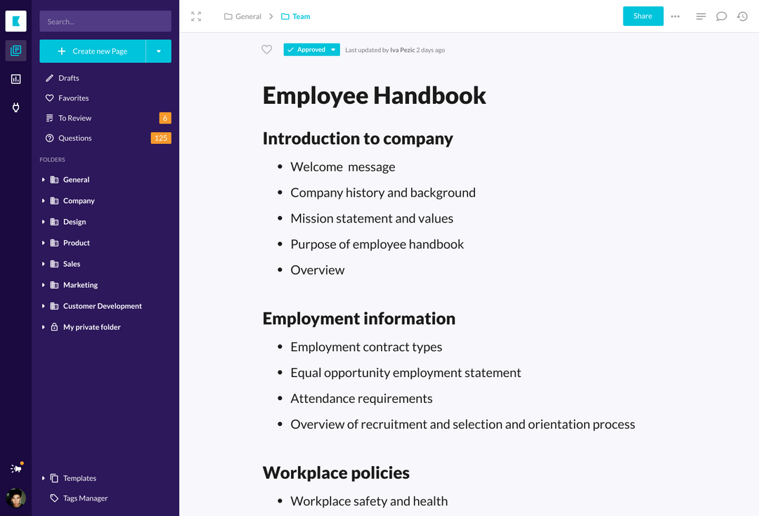 Employee handbook page in a knowledge base showing workplace policies and attendance requirements