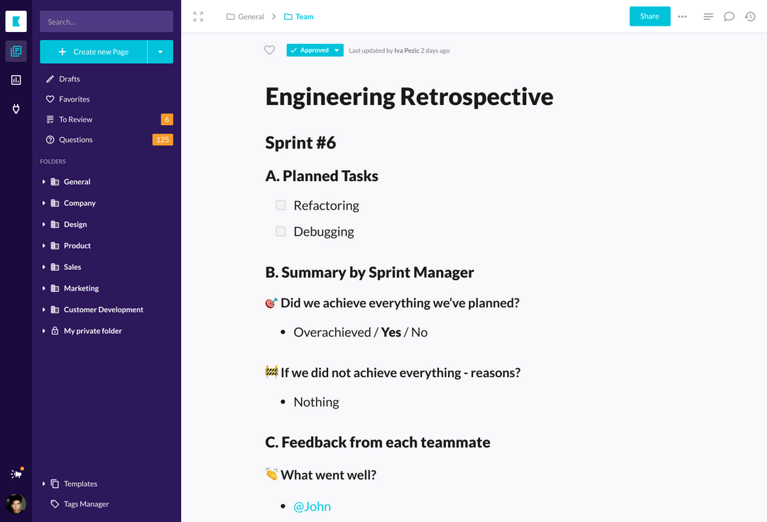 Engineering sprint retrospective page listing planned tasks and per-teammate feedback