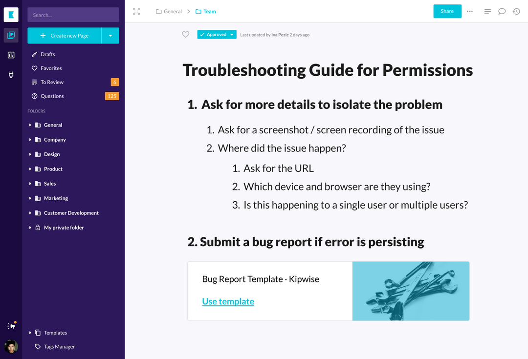 Troubleshooting guide for permissions in a knowledge base with numbered steps