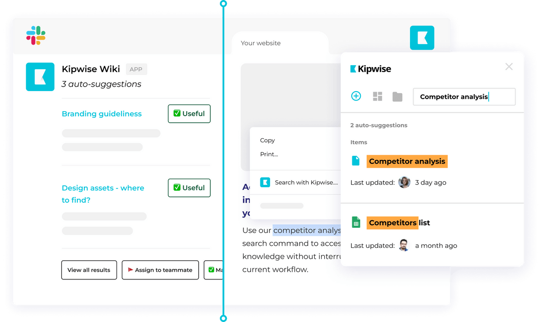 Slack sidebar and browser panel showing knowledge auto-suggestions with last-updated timestamps for each source
