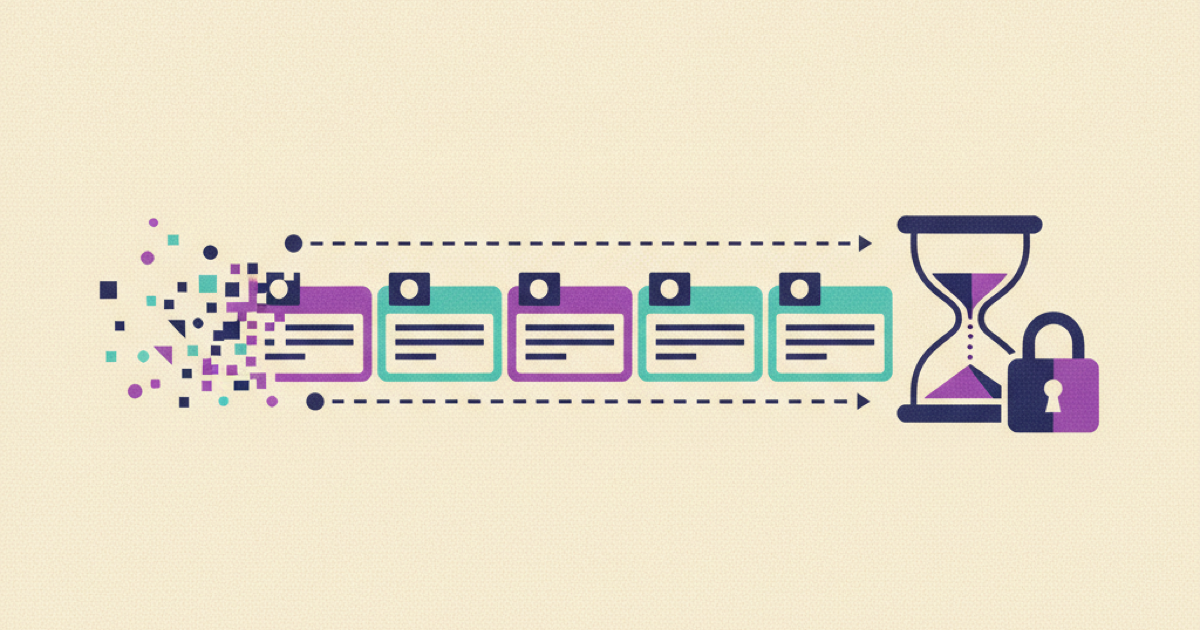 Illustration of record cards dissolving along a timeline beside an hourglass and a lock