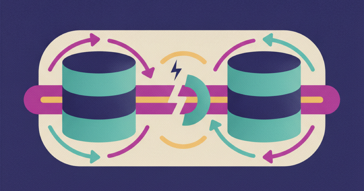 Illustration of two databases linked by a data pipeline being reconnected between them