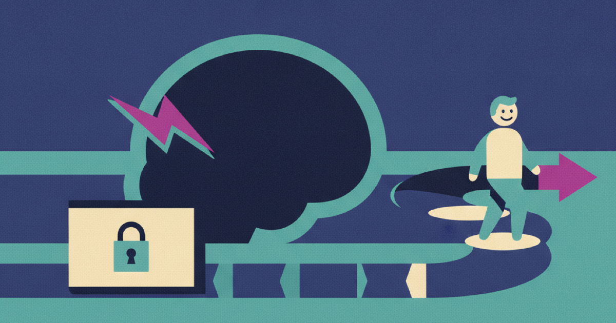 Illustration of a darkened company brain node with a secure fallback pack and a path to a person keeping a task moving