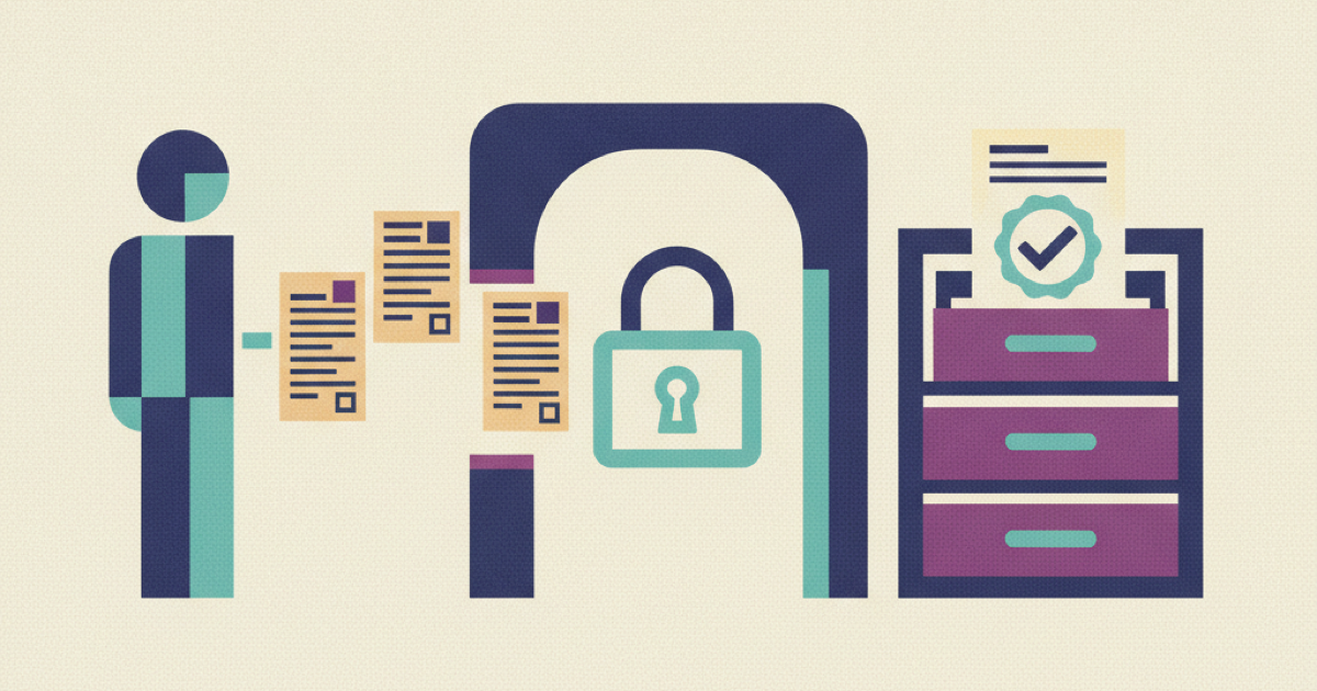 Illustration of new hire forms passing through a locked authentication gate into a records cabinet with an accepted checkmark seal