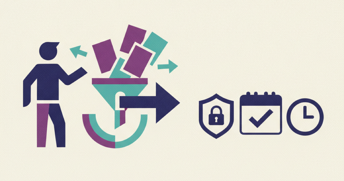 Illustration of benefits plan cards sorted through a filter to the correct plan, a lock protecting a private choice, and a deadline checkmark