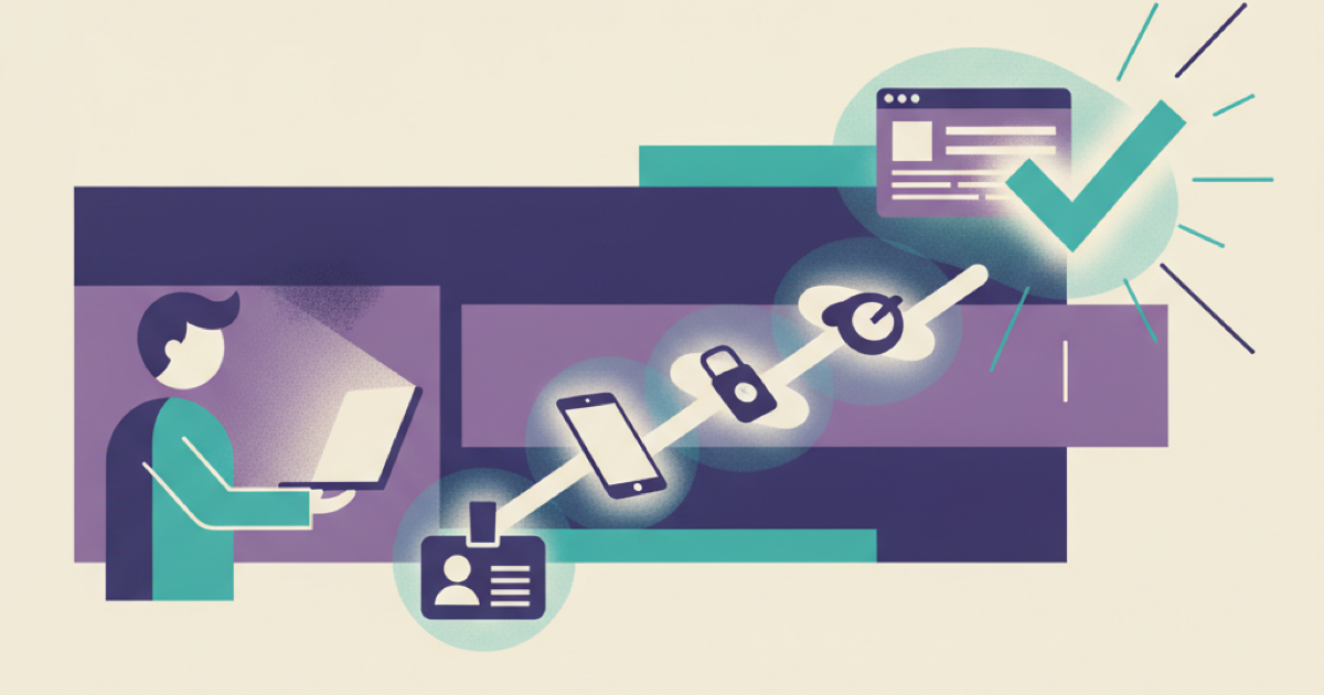 Illustration of a new hire access chain linking identity, device, security key, and applications in sequence