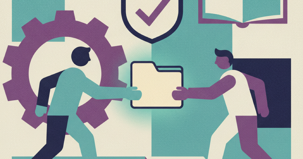Illustration of a departing employee handing a verified knowledge token across a gap to their replacement