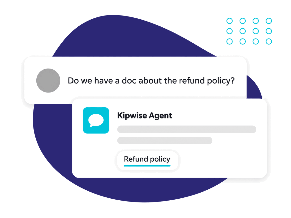 A Slack thread: a teammate asks "Do we have a doc about the refund policy?" and Kipwise Agent replies with the answer and a link to the Refund policy page