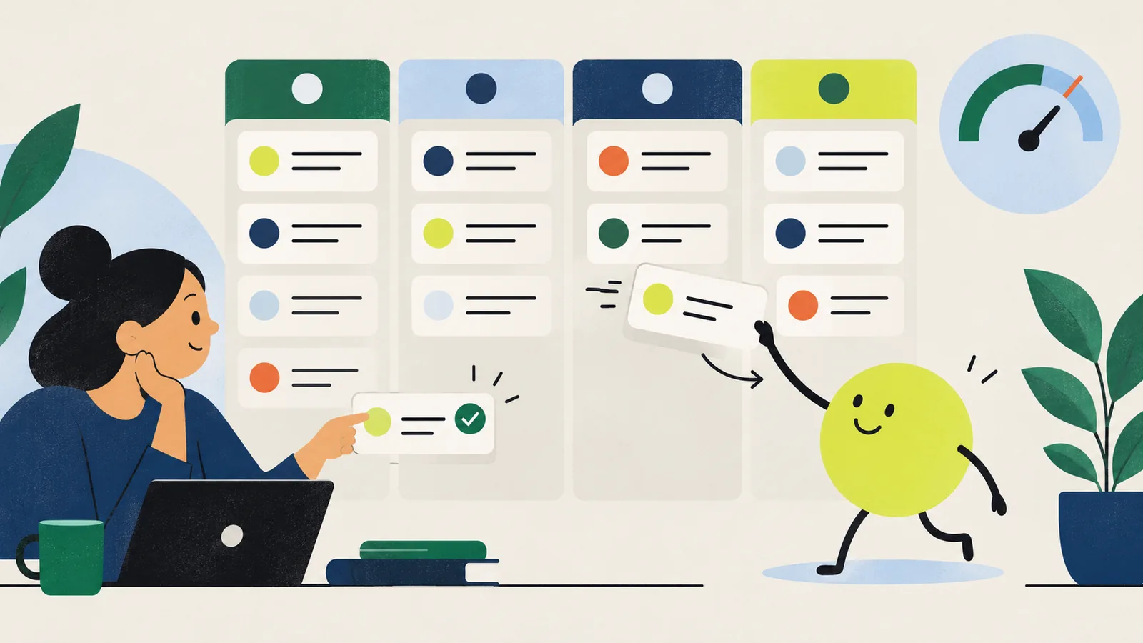 A person points at a team task board with four columns while a lime-green helper moves a card into the next column. A budget gauge hangs in the top corner.