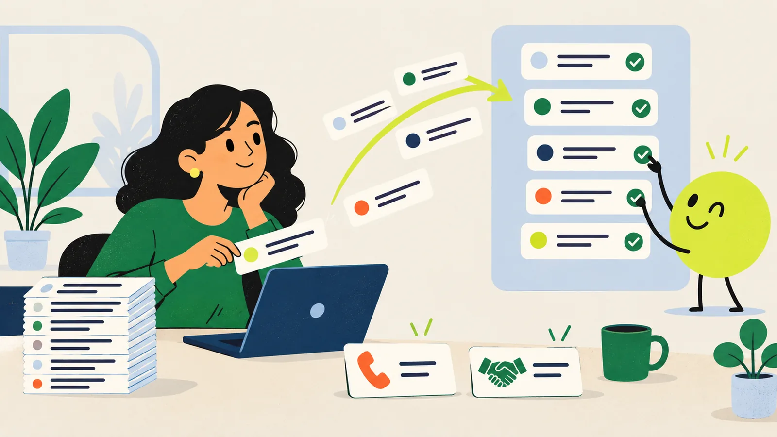 A person at a laptop sends small task cards across to a checklist, where a lime-green helper ticks each one off. Cards for a phone call and a handshake stay on her desk.