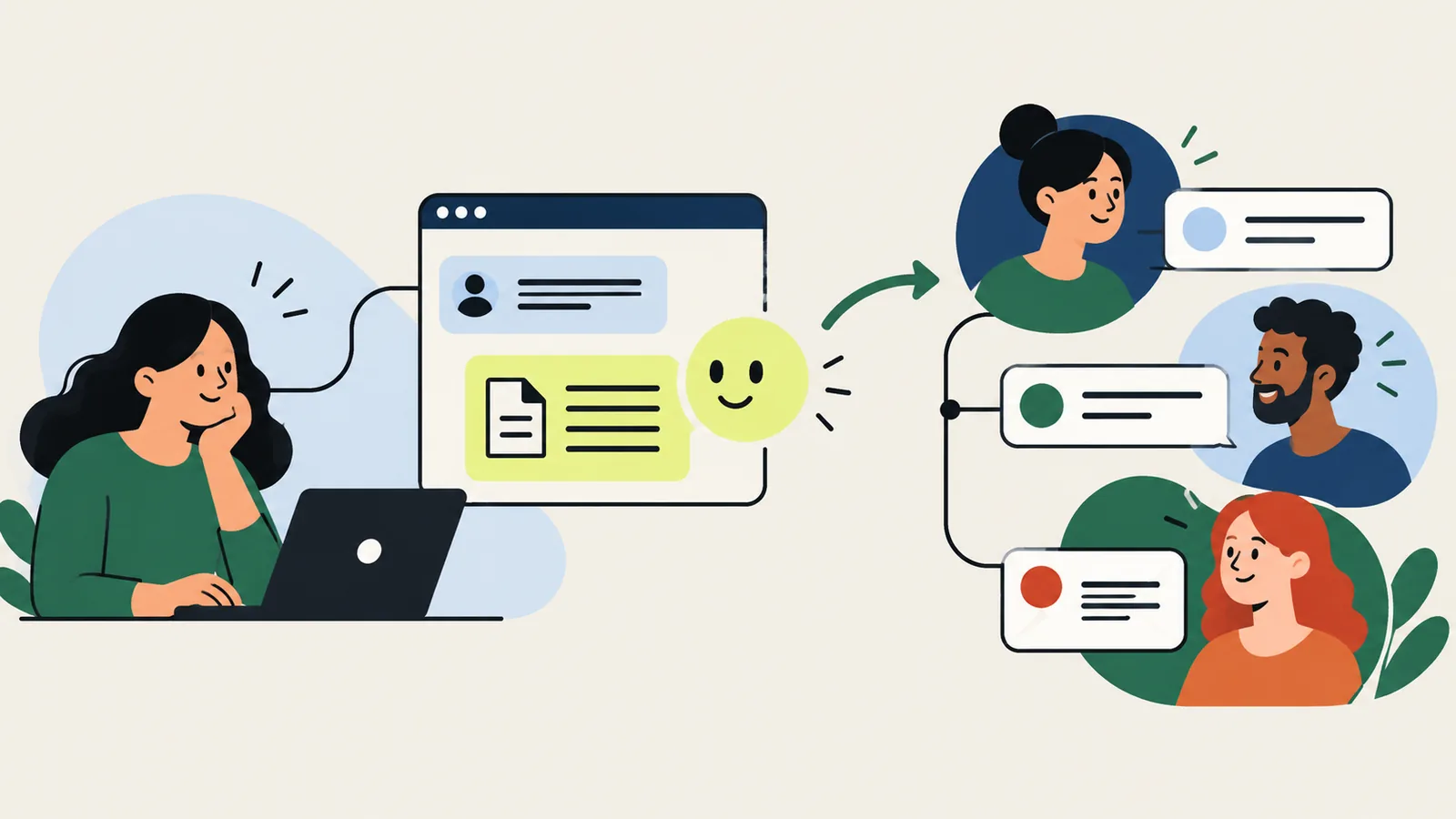 A person at a laptop asks a question in a website chat window and gets an answer from a help page, marked with a smiling face. Three teammates on the right each hold a reply card, ready to take over.