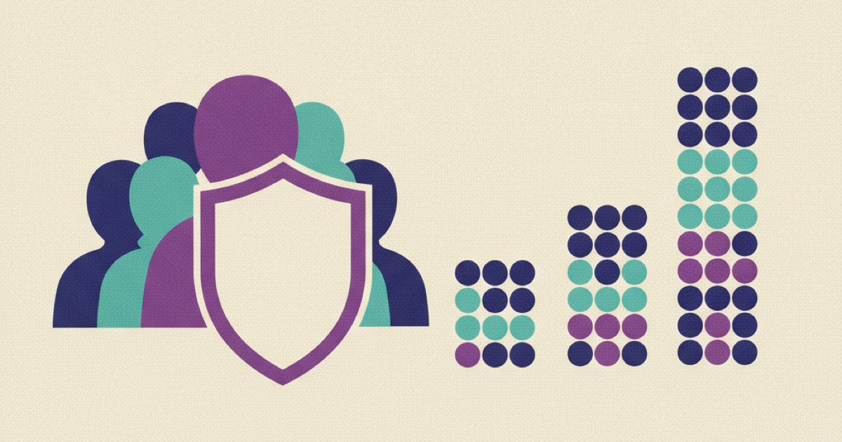 Illustration of an aggregate bar chart built from anonymous grouped dots behind a privacy shield