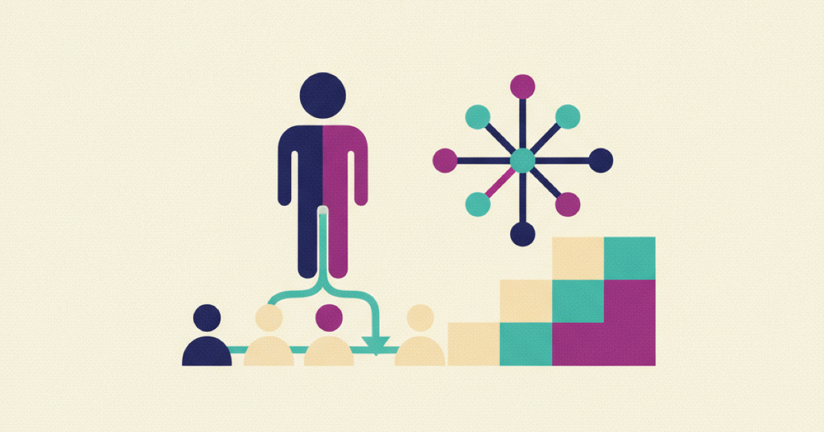 Illustration of a manager figure connected to a small team beside a branching decision node and an ascending three-step path