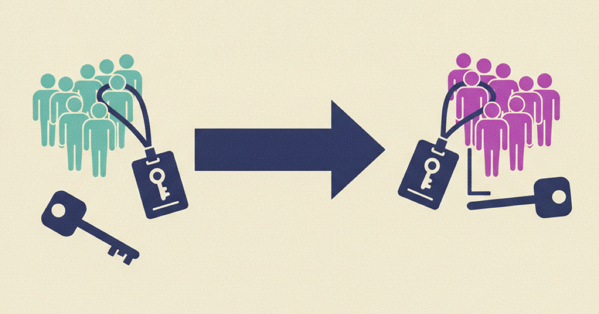 Illustration of an employee badge moving along an arrow from one team cluster to another as an old key drops away and a new key attaches