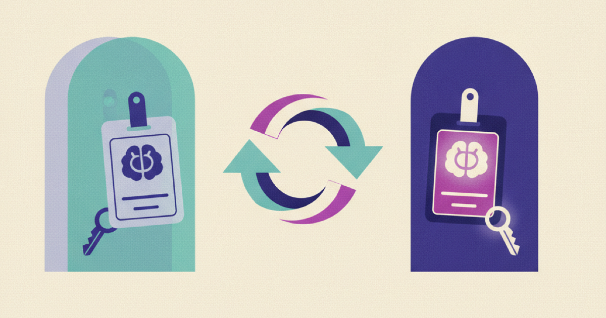 Illustration of an employee badge returning through a doorway comparing an old faded version with an updated current one
