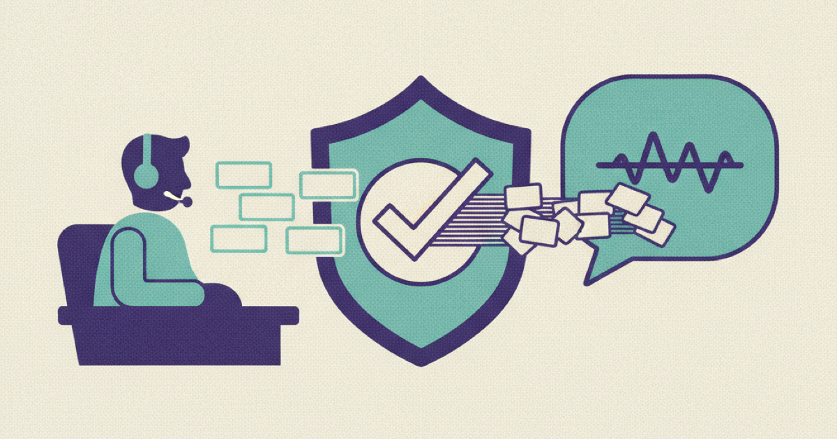 Illustration of a new sales rep guided by approved knowledge cards through a checkmark gate before a customer conversation