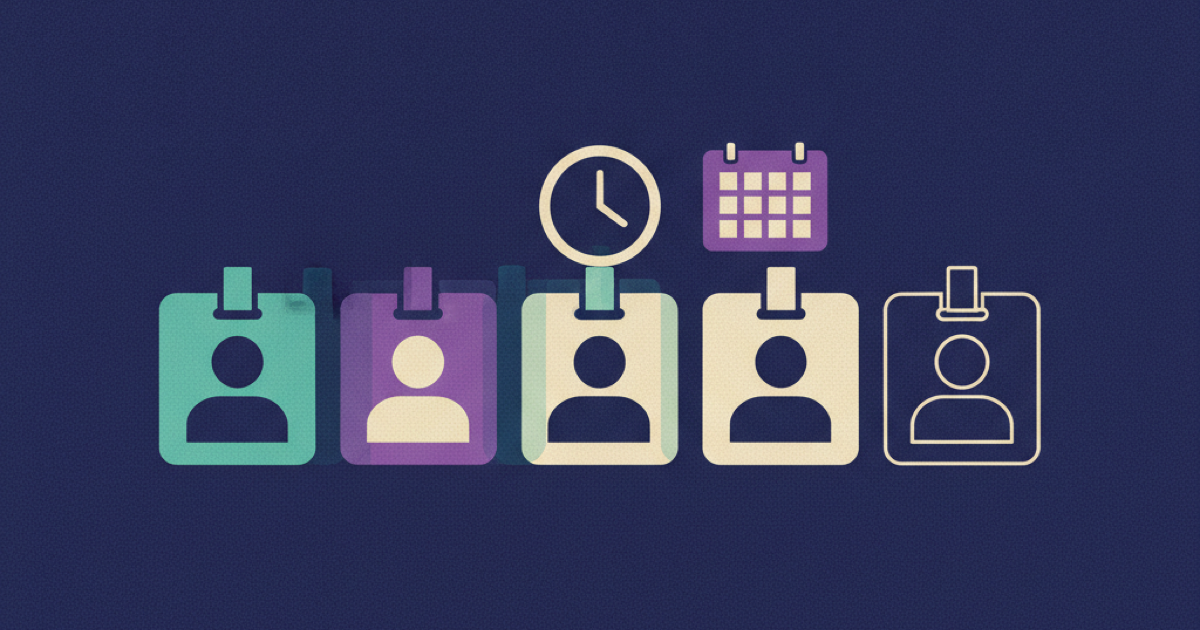Illustration of a row of worker badges fading out beneath a clock and a calendar