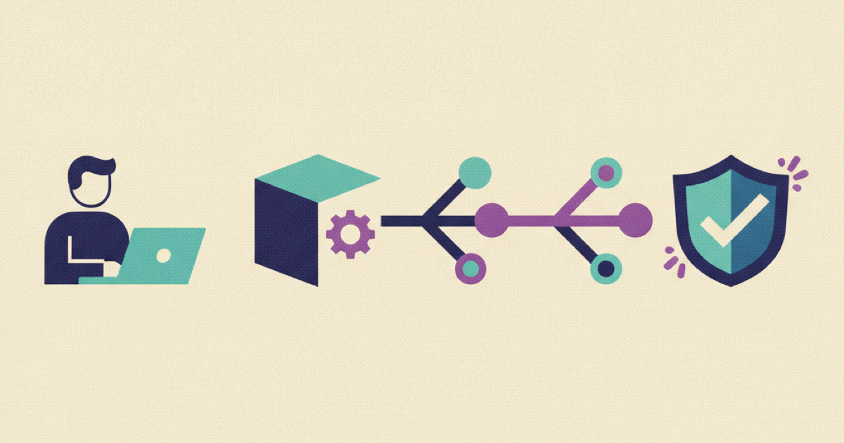 Illustration of a new engineer moving from a repeatable environment through a branching commit path to a verified first change