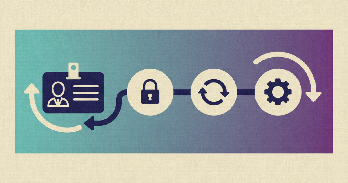 Illustration of an employee identity badge synced through lock, refresh, and gear icons with a loop-back arrow