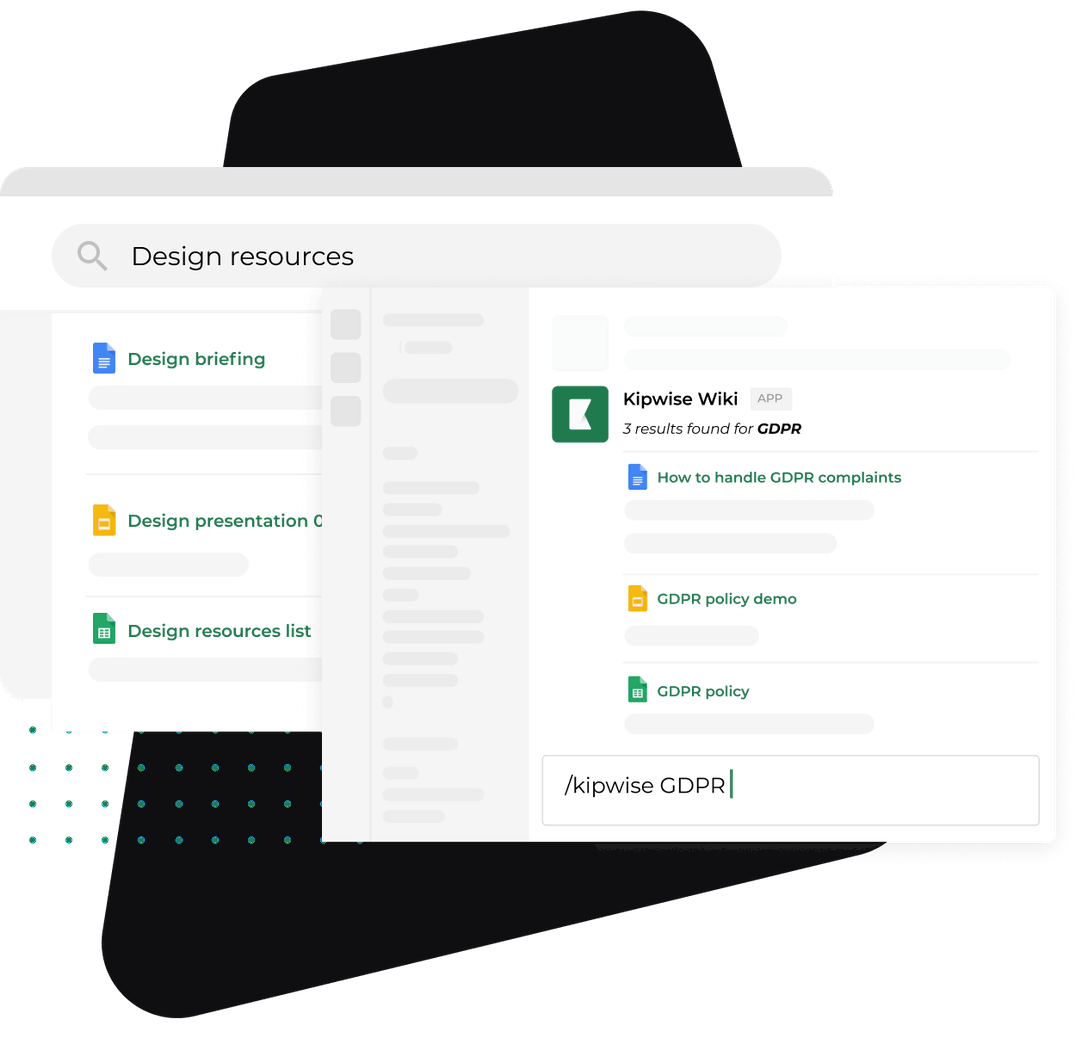 Kipwise finding Google Drive documents from a search inside Slack