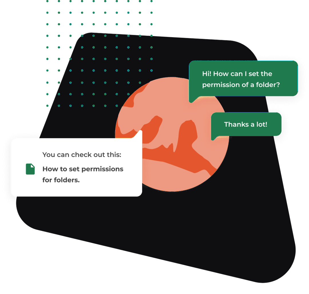 A chat where someone asks how to set folder permissions and gets a reply pointing to the right page