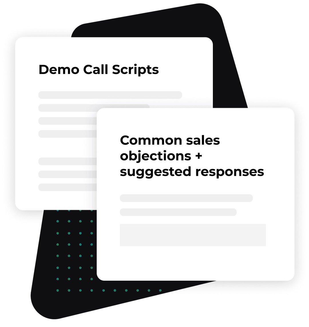 Kipwise cards for demo call scripts and common sales objections with suggested responses