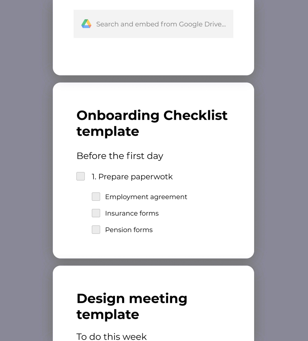 An onboarding checklist template with paperwork items such as employment agreement, insurance and pension forms