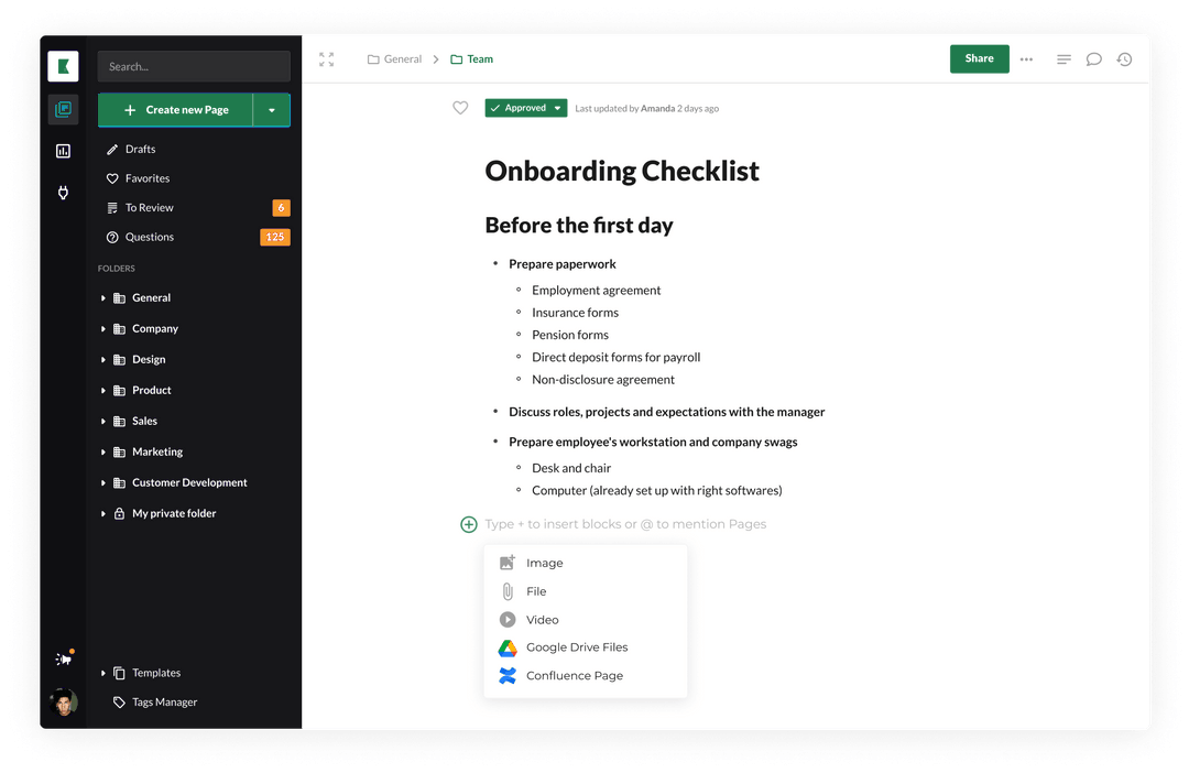 Kipwise page with a team onboarding checklist, marked approved