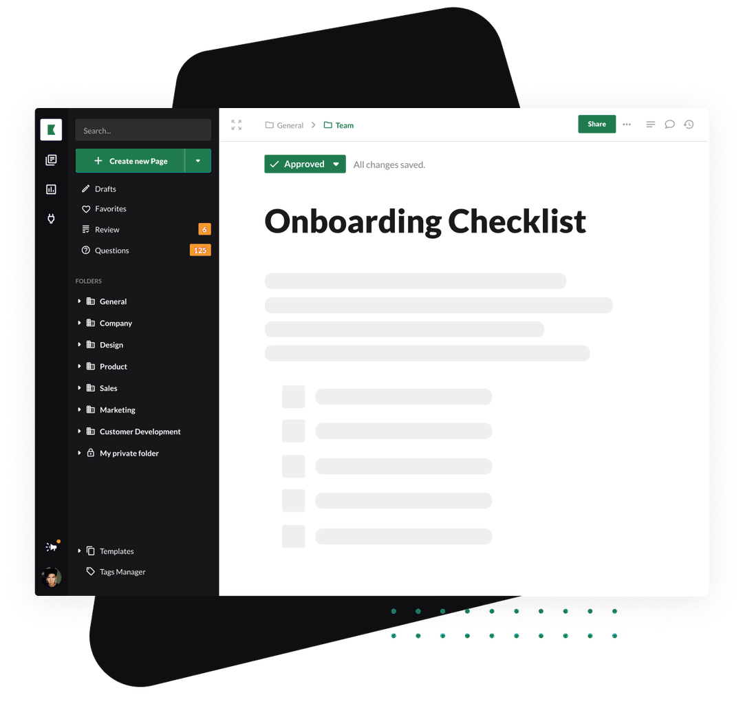 Kipwise page titled Onboarding Checklist, marked approved