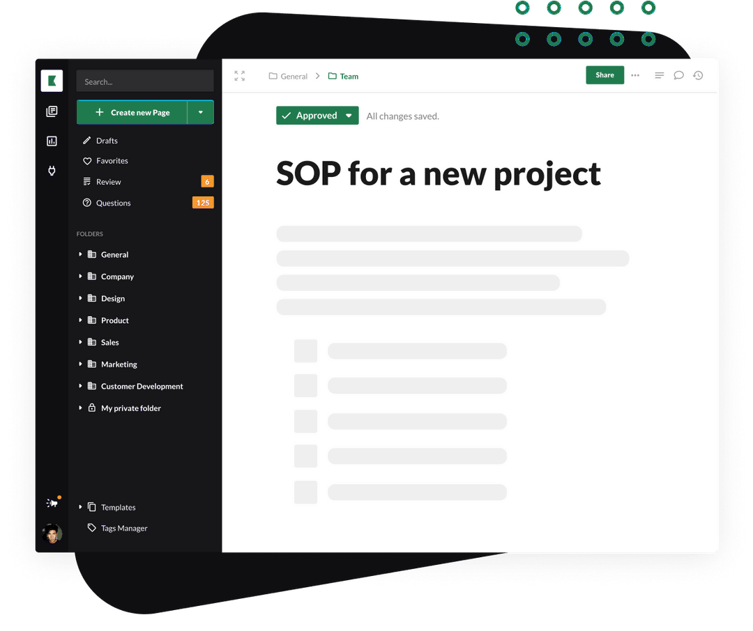 Kipwise page titled SOP for a new project with a checklist, marked approved