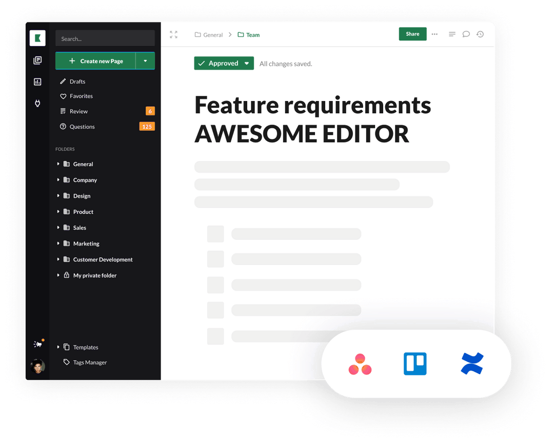 Approved feature requirements page with Asana, Trello and Confluence task tool integrations below