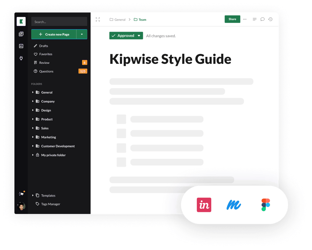 A team workspace with folders such as General, Company, Design and Product, and a style guide page open