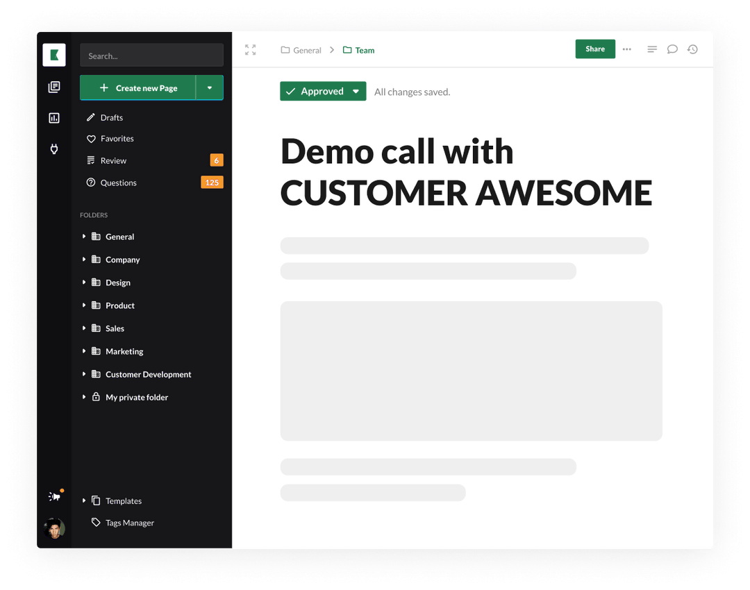Kipwise app showing a sales team page titled Demo call with Customer Awesome