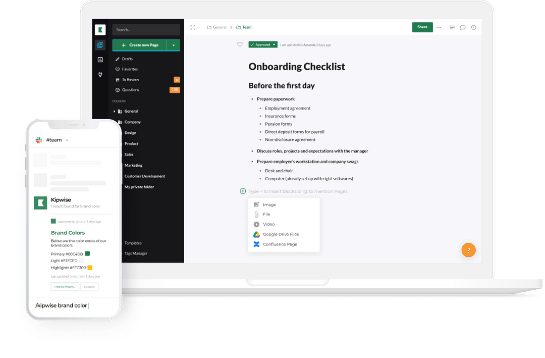 Kipwise answering a question in Slack on a phone, next to a team checklist on a laptop