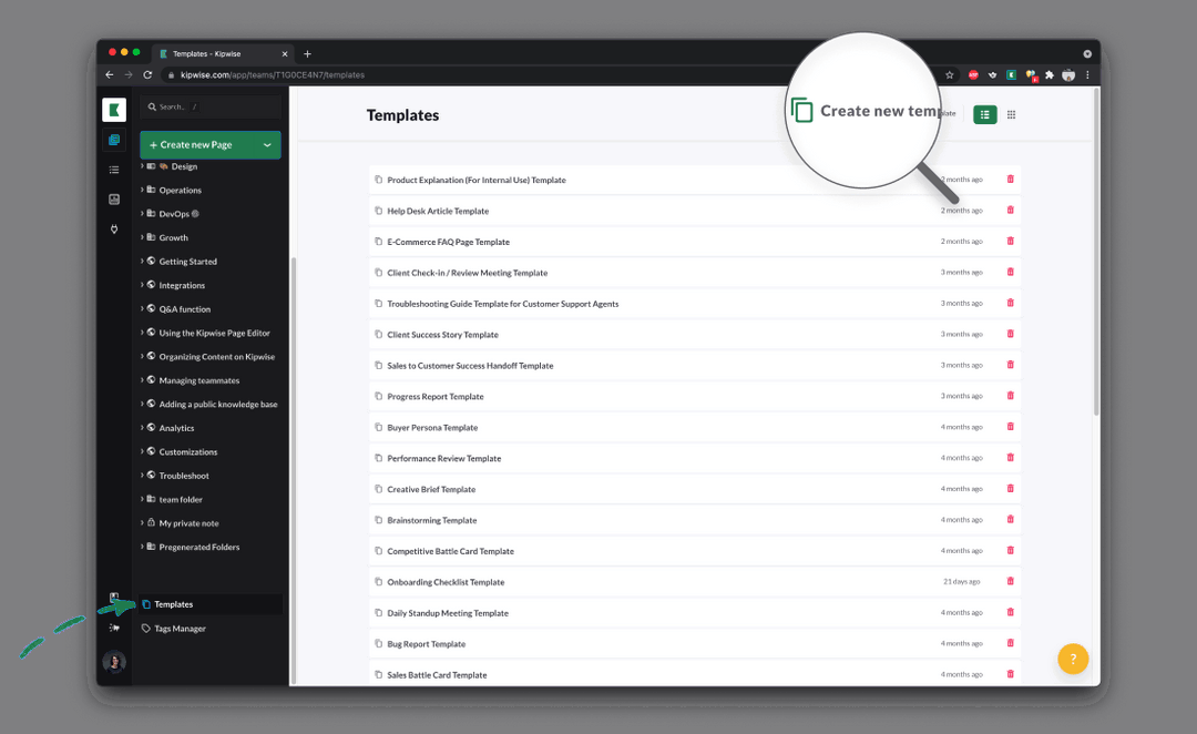 Kipwise templates list with checklist, progress report and review templates