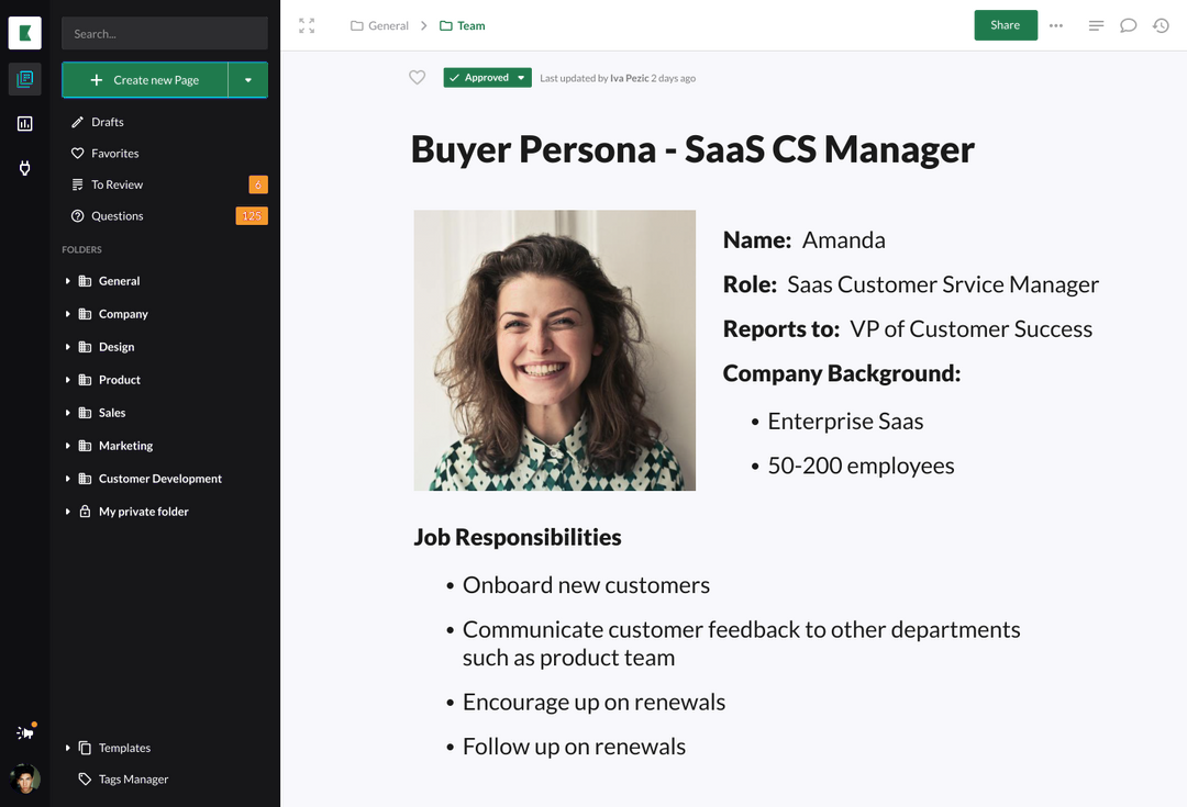 Kipwise page describing a role with name, reporting line and job responsibilities