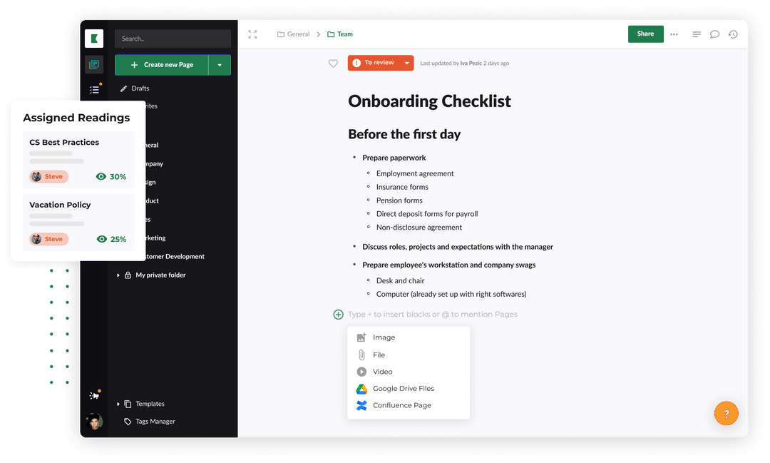 Kipwise checklist page with assigned readings and their completion rates