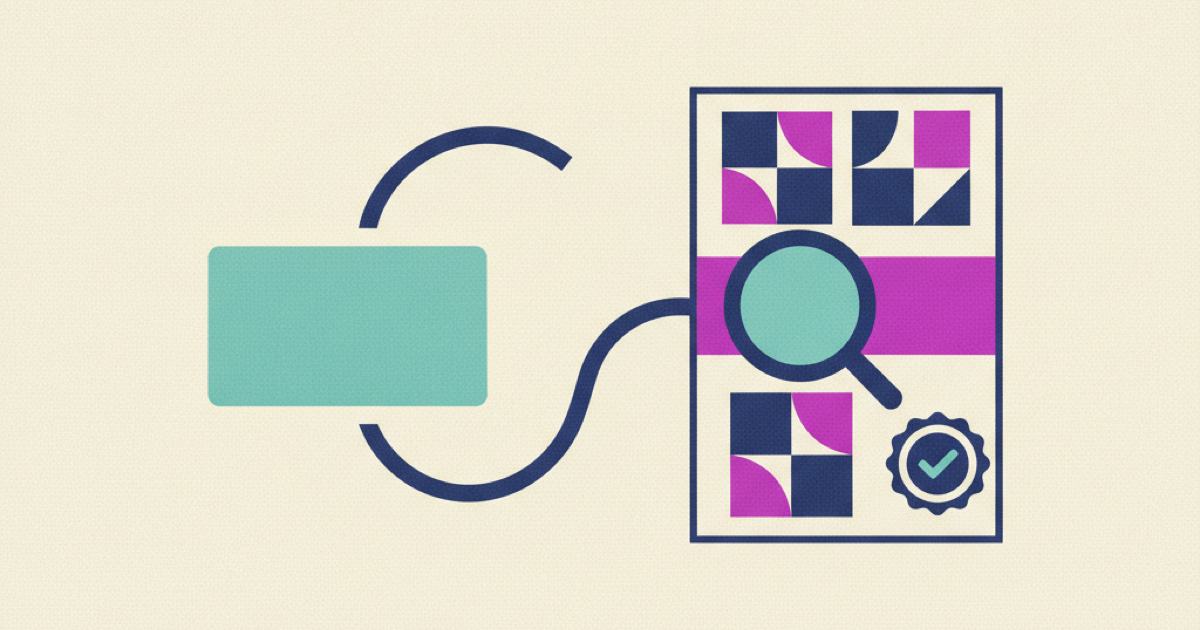 Illustration of an answer card linked to a highlighted source passage under a magnifier with a verification seal