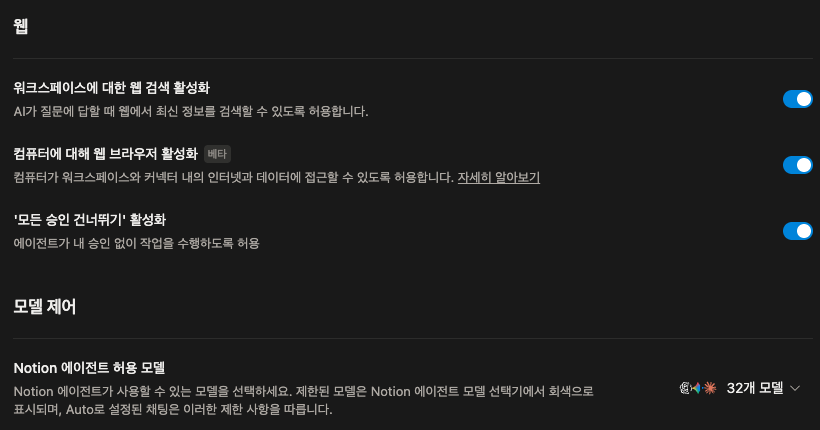 Notion 설정의 Notion AI 화면. 워크스페이스에 대한 웹 검색 활성화, 컴퓨터에 대해 웹 브라우저 활성화, 모든 승인 건너뛰기 활성화 토글과 모델 제어의 Notion 에이전트 허용 모델 항목
